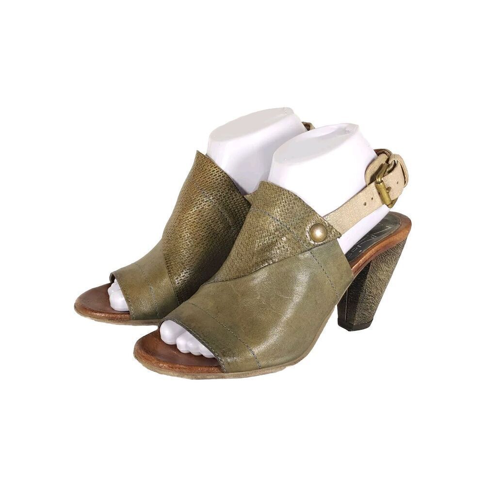 Miz Mooz Women's US7,5 EU38 Green Leather Open Toe Ankle Strap Slingback Sandals